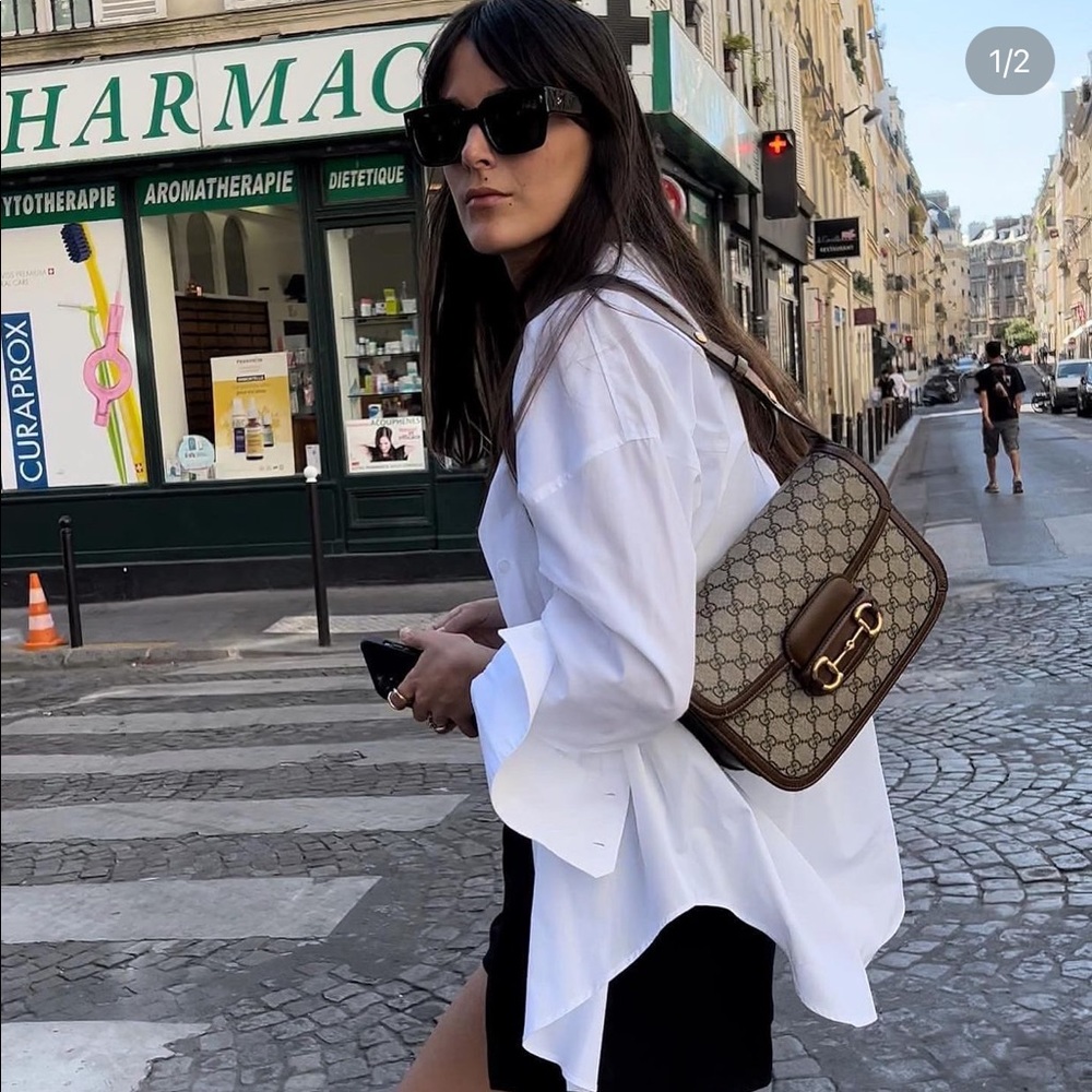 💯 auth Gucci horsebit 1955 leather-trimmed printed coated-canvas bag, brown